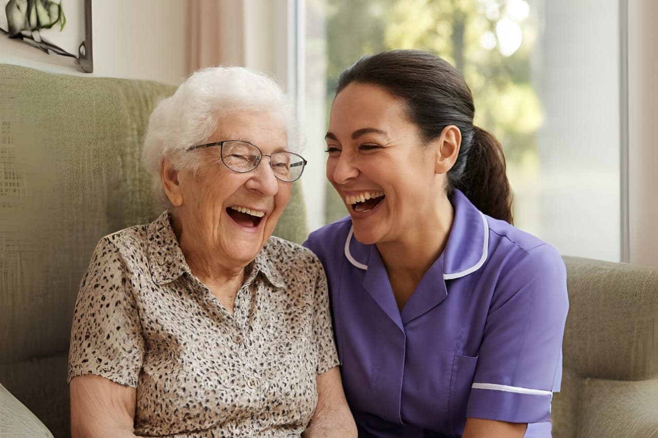 A carer talking with a client in their living room