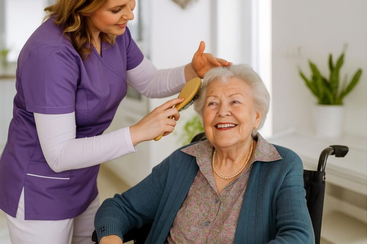 A carer helping an older woman at home